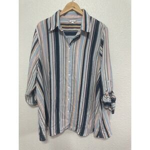 Soleillee Womens 2X Striped Roll Tab Sleeve Button Down Blouse Navy Blue Peach